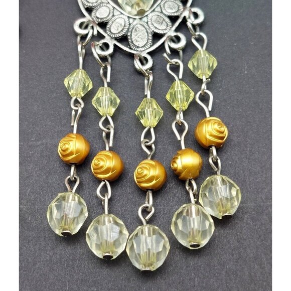 Boho Hippie Statement Earrings 4" Dangle Silver Tone & Beaded Tiny Rose Accents - Picture 3 of 7